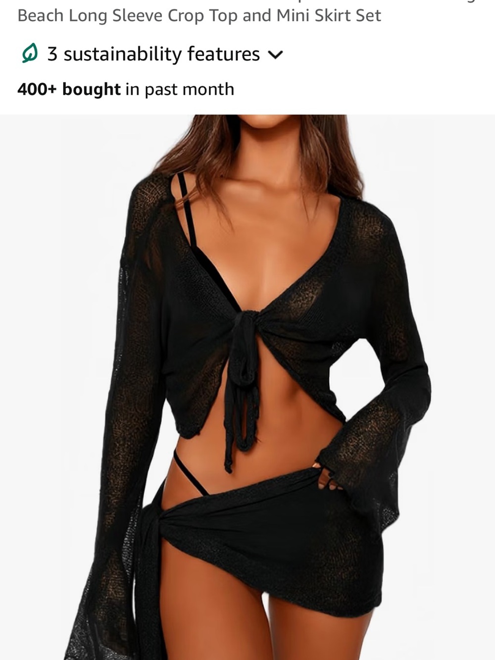 Sheer Black Beach Tie-Front Crop Top & Mini Skirt Set